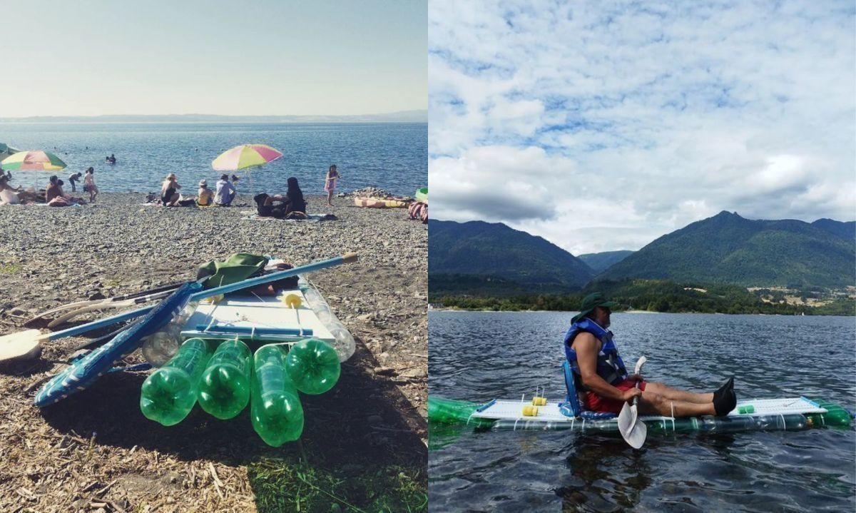 Profe futronino se luce en las playas del Ranco con Ecokayak hecho de botellas